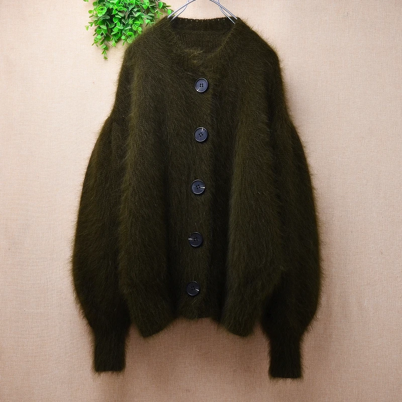 

Pull Femme Women Clothes Green Hairy Mink Cashmere Knitted Long Lantern Sleeves Loose Cardigans Angora Fur Sweater Jacket Coat