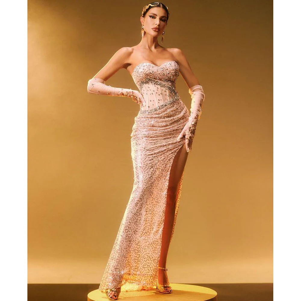 

Exquisite Strapless Sleeveless Prom Dresses For Women Mermaid Sparkle Crystals Long Sequins Banquet Celebrity Formal Gowns 2025
