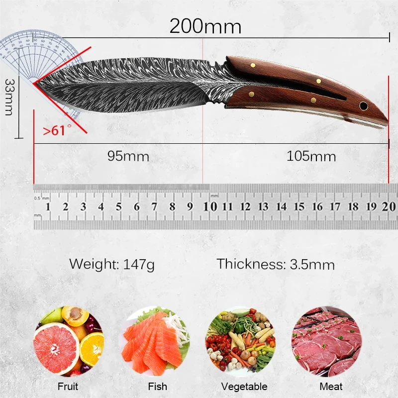 Kitchen Knife Meat Cleaver Knife Feather Pattern Knife With Sheath Stainless Steel Fruit KnivesThe steel has high hardness