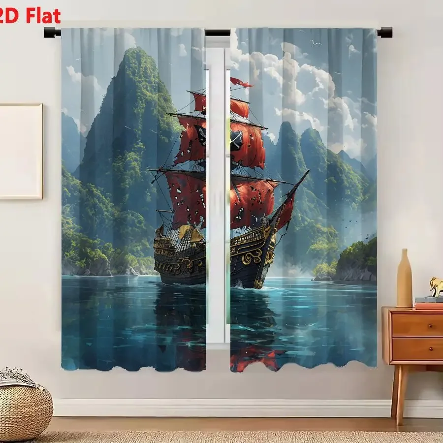 Vibrant Pirate Ship Adventure Curtain Waterproof Blue Ocean Tropical Landscape Home Decor Window Curtain