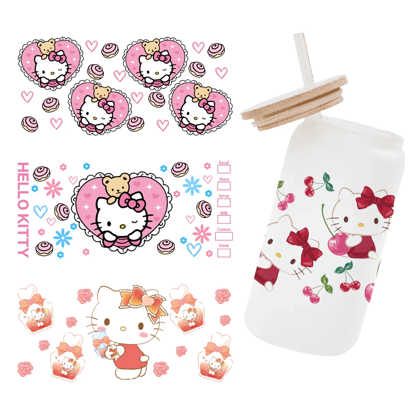 Cute Cartoon Hello Kitty Sanrio UV DTF Wraps Sticker DIY For 16oz Glass Cup Waterproof Decals Notebook Diary Card Cup Sticker