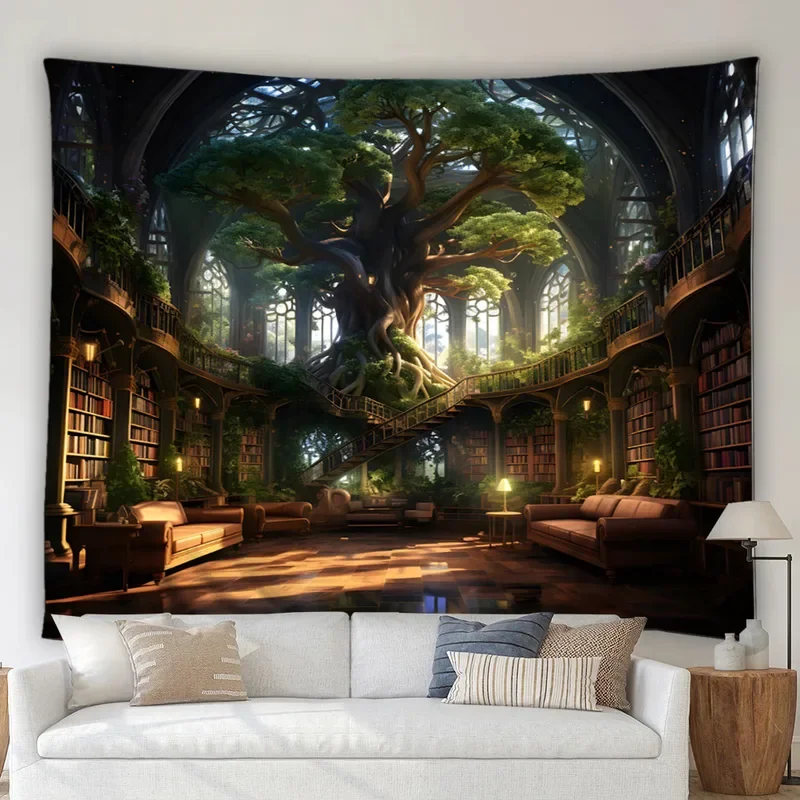 Vintage Library Tapestry Enchanted Old Books Bookshelves Antique Wooden Candle Home Dorm Room Decor Background Fabric Tapestry