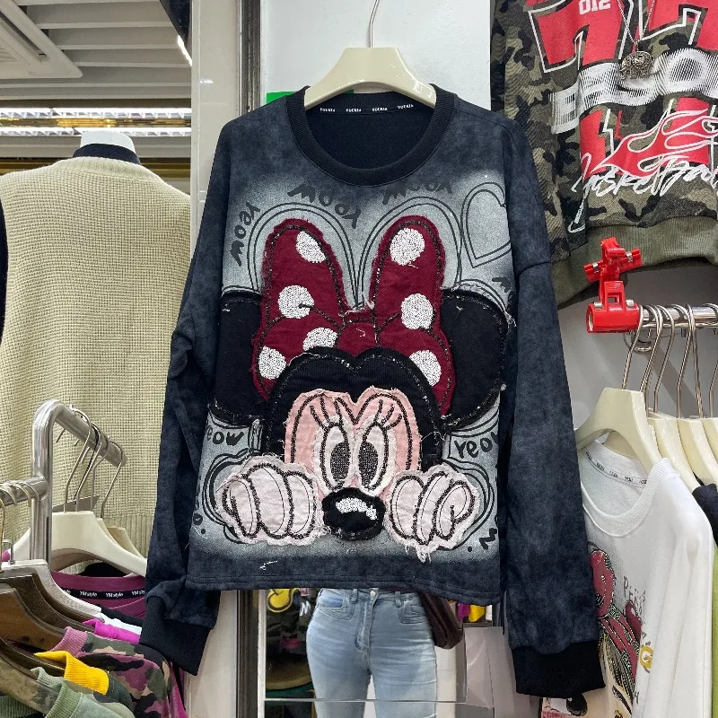 Y2k O-Neck Sudaderas Coat Heavy Industry Cartoon Patch Embroidery Long Sleeved T-shirt Hoodies Loose Casual Sweet Sweatshirt