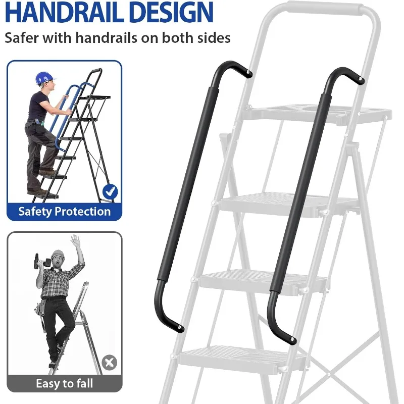 5 Step Folding Steel Ladder - 500 lbs Capacity, Safe-Lock Design - Tool Platform & Handrail