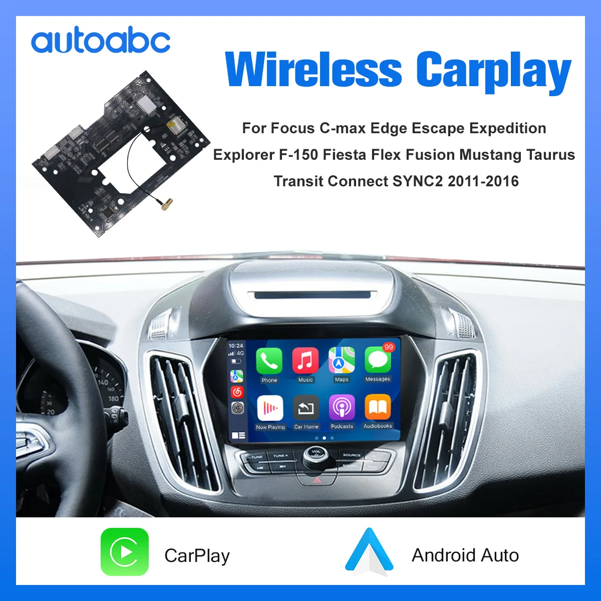 Kabelloses Carplay für Ford Fusion C-max Explorer Focus Fiesta Edge F150 Sync2 System 2011-2016 Decoder Android Auto