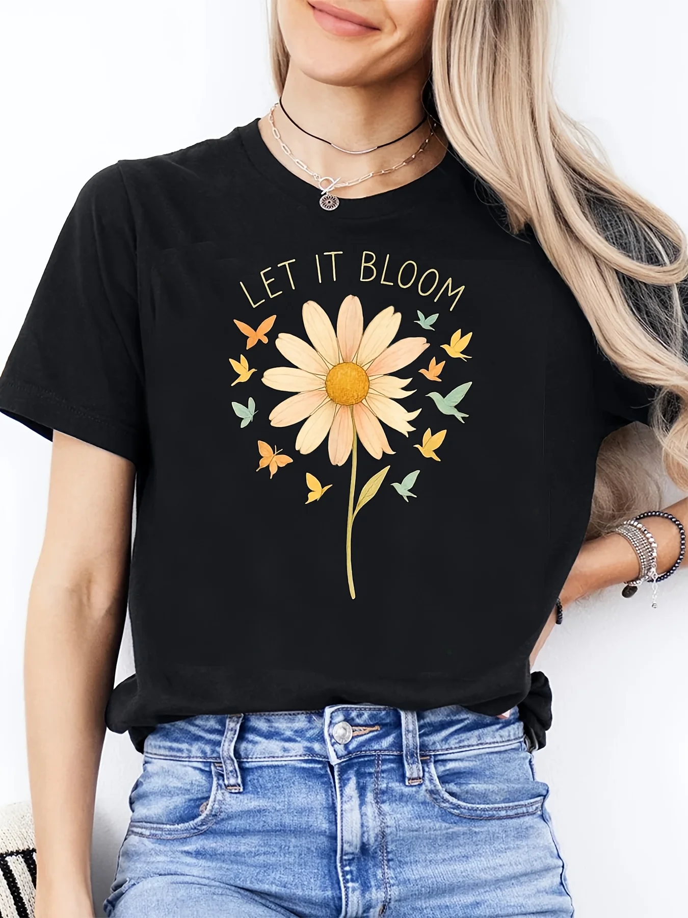 Women'S Fashionable Short Sleeve Casual Crew Neck Summer Flower Butterfly Print Fresh Pastoral Style Slight Aesthetic Clothes