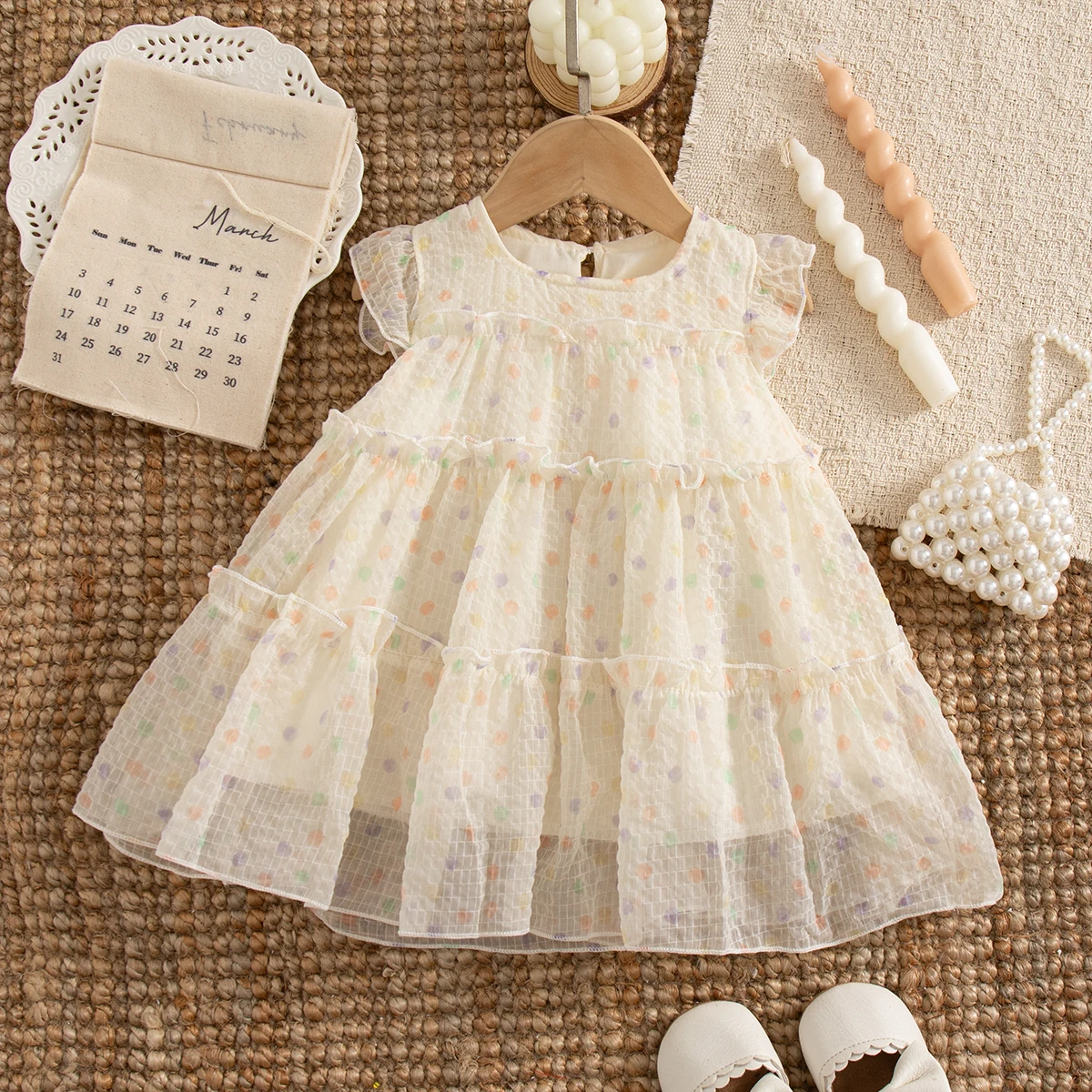 

Платье для маленьких девочек, летнее хлопковое однотонное платье в горошек с маленькими рукавами-крылышками, платья для девочек с мультяшным рисунком, милая пляжная одежда для девочек