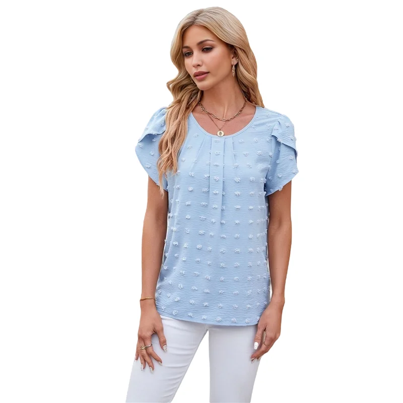 

2Z-Women 2025 Summer V Neck Ruffle Short Sleeve Blouse Swiss Dot Flowy Shirt Tunic Top