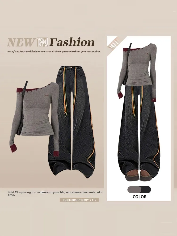 

Color Blo Wide Leg Pants oulder Bared Side Collar Women's Two Piece Set Slimming High Waist Long Sve Faion Ensemble