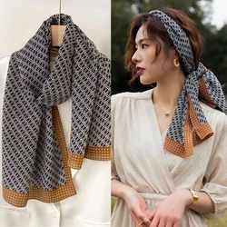 BYSIFA|Coffee Plaid Women Long Silk Scarf Headband Spring Fashion Brand 100% Mulberry Silk Ribbons Scarves Floulard Accessories