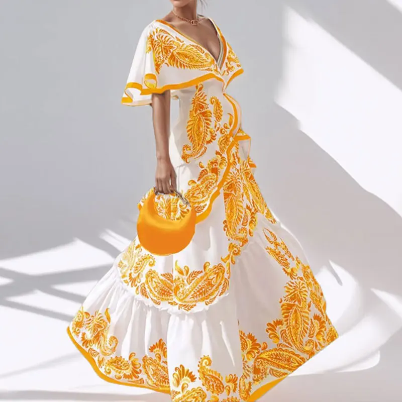 موضة النمط الرعوي المطبوعة شال الخامس الرقبة فستان المرأة لربيع وصيف جديد أنيق الخصر طويل سوينغ فساتين الإناث 2026