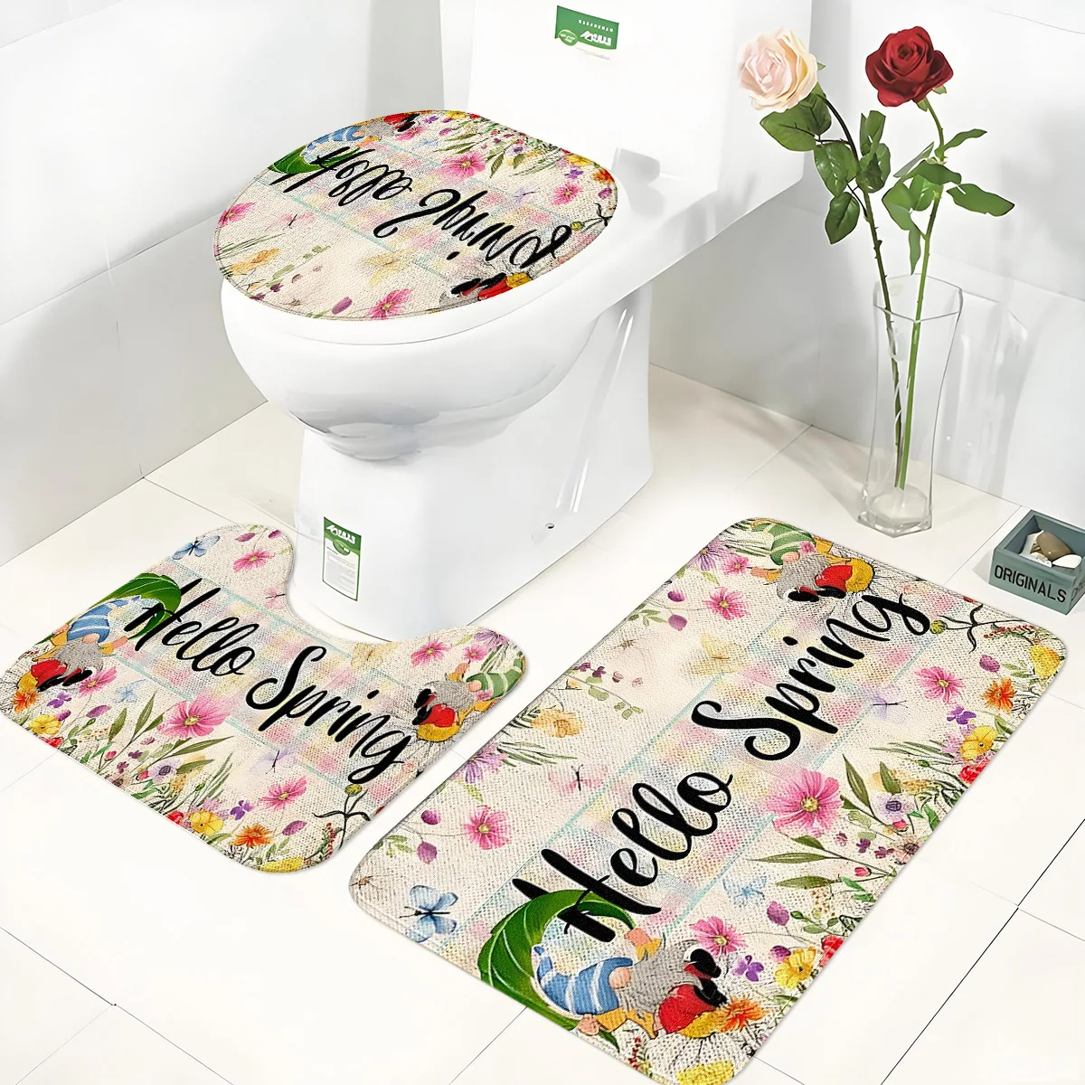 

Hello Spring Floral Elf Bathroom Non-Slip Water-Absorbent Three-Piece Set Toilet Seat Cover U-Shaped Mat Floor Mat Set