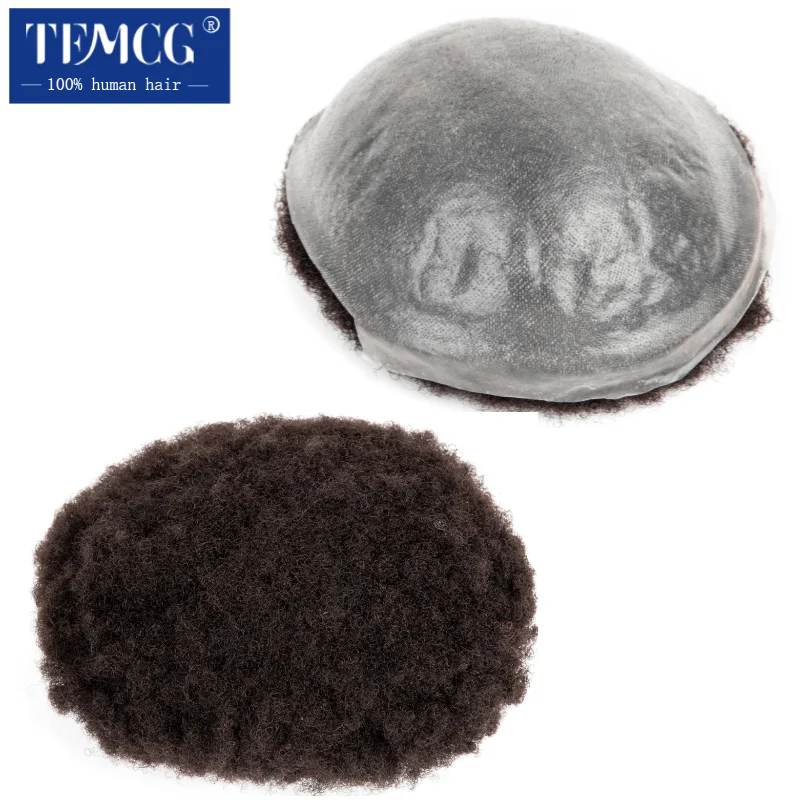 Toupee afro durável para homens, base de pele com nó duplo, peruca de cabelo humano 100%, unidade de sistema de prótese masculina 6"