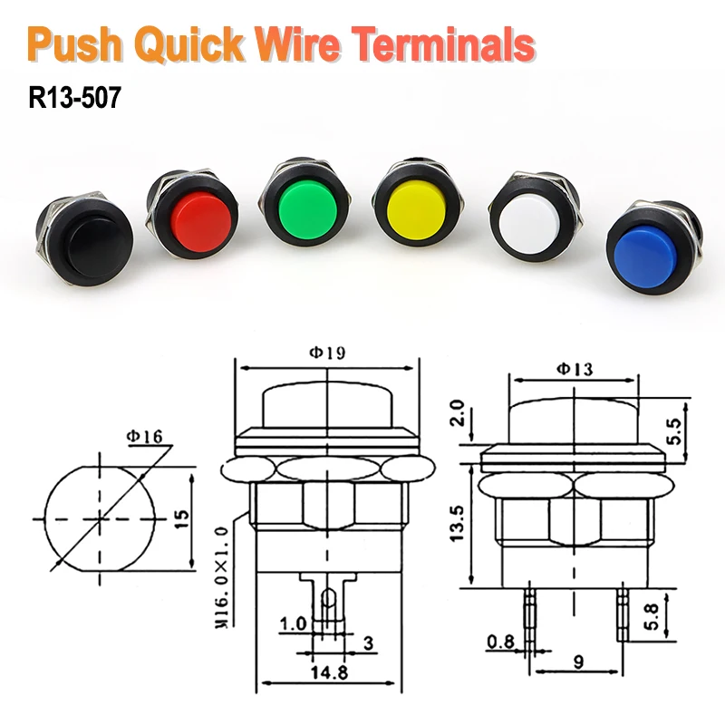 5/10 unidades R13-507 Interruptor de botão de pressão momentâneo de 16 mm, 2 pinos, passo de 9 mm, interruptor redondo de rearme, 6A 125VAC, 3A 250VAC, comprimento total de 25 mm