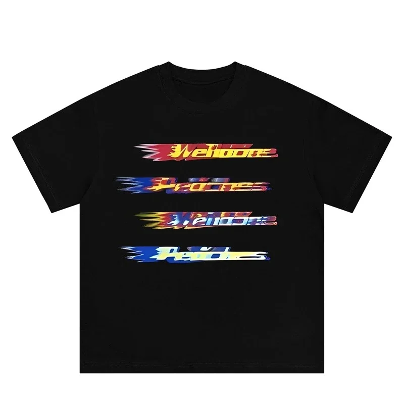 WE11-DONE CDG المتخصصة العلامة التجارية العصرية المتناقضة اللون ضبابي رصاصة الشاشة رسالة مطبوعة فضفاضة قصيرة الأكمام تي شيرت للأزواج