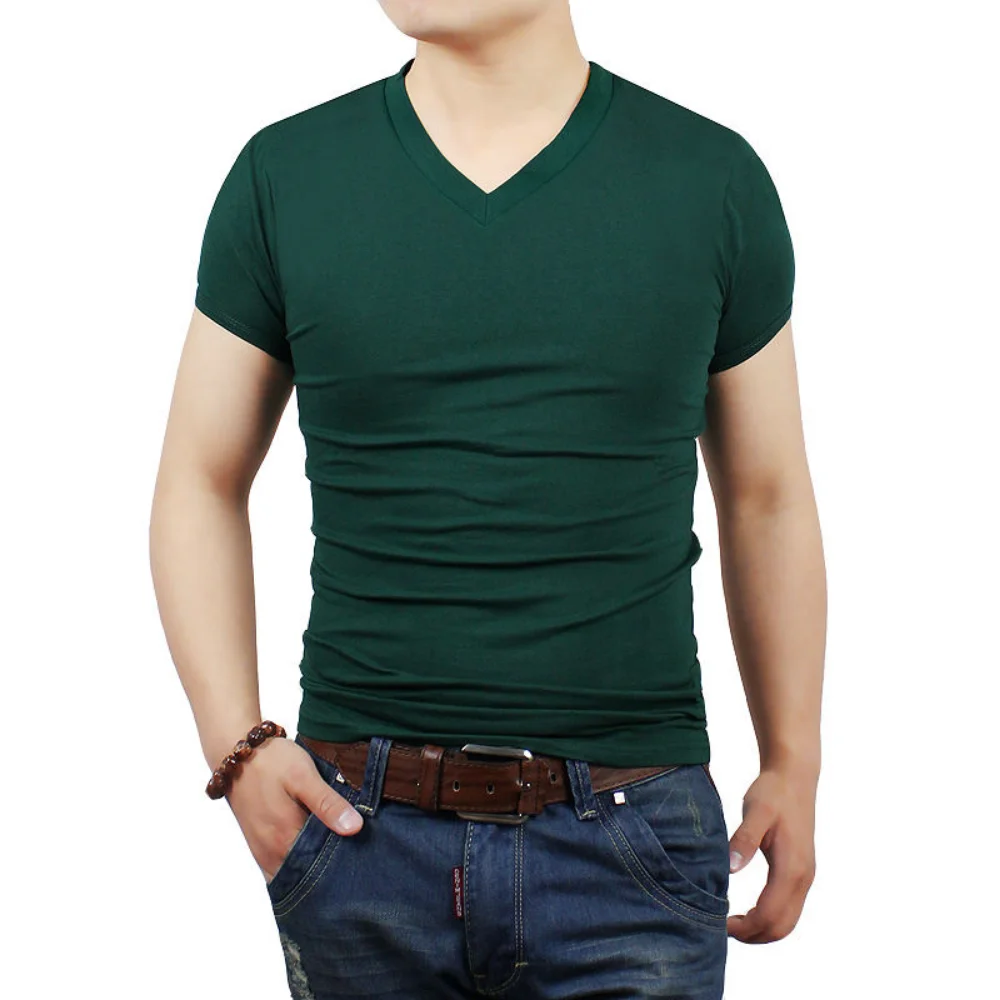 Summer Korean Clothing Breathable Men\'s Wine Red Slim Fit T-shirt V Neck Bodycon plus size 6XL Gym Short Sleeve Tee Tops