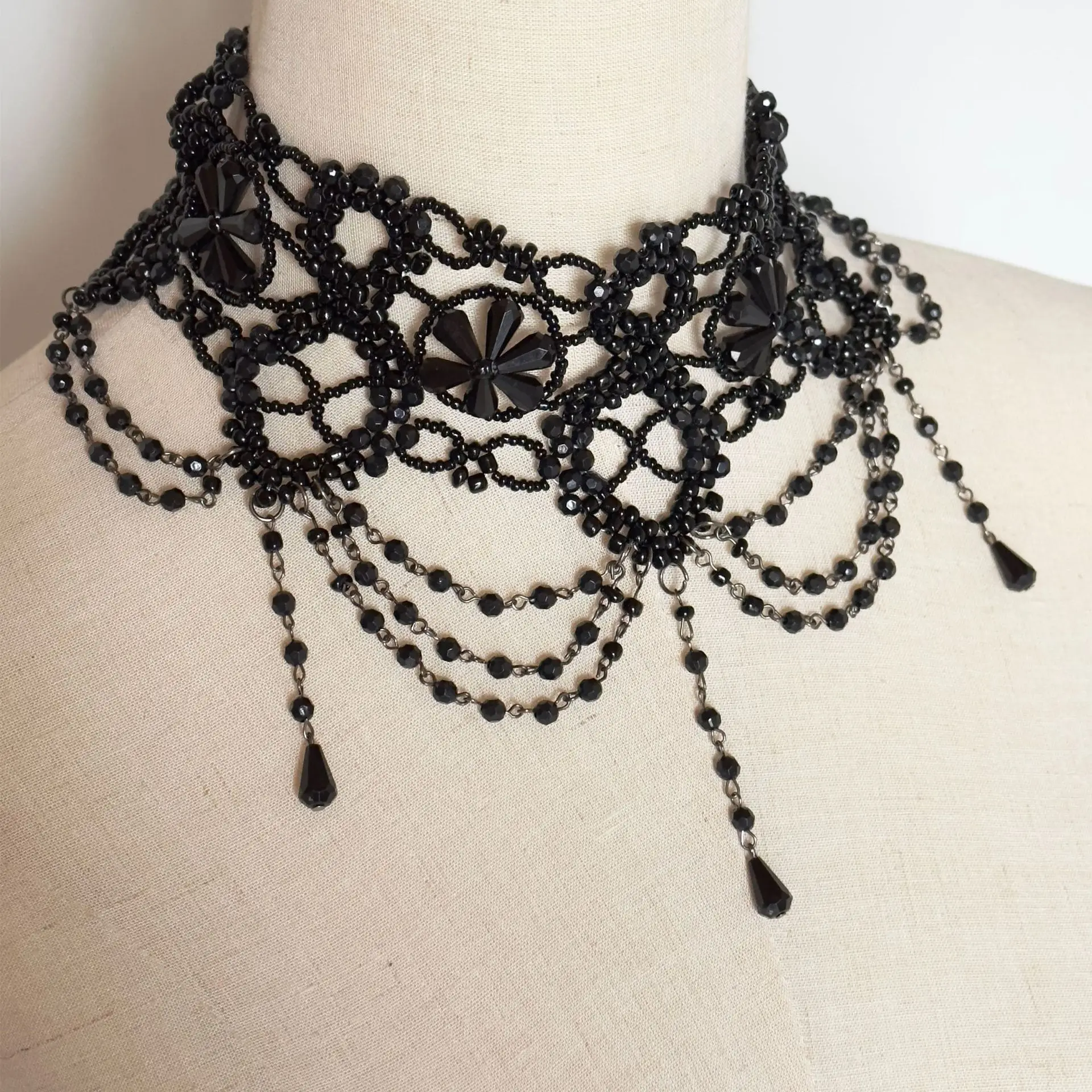 Gothic Victorian Handmade Necklace For Women Girls Boho Tassel Sexy Downton Abbey Choker Punk Dark Loli Style Halloween Jewelry