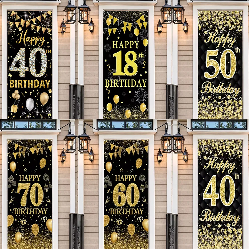 

Black Gold Adult Birthday Door Cover 30 50 40 60 70th Anniversary Age Party Balloon Cake Decoration Home Backgrounds Props Booth