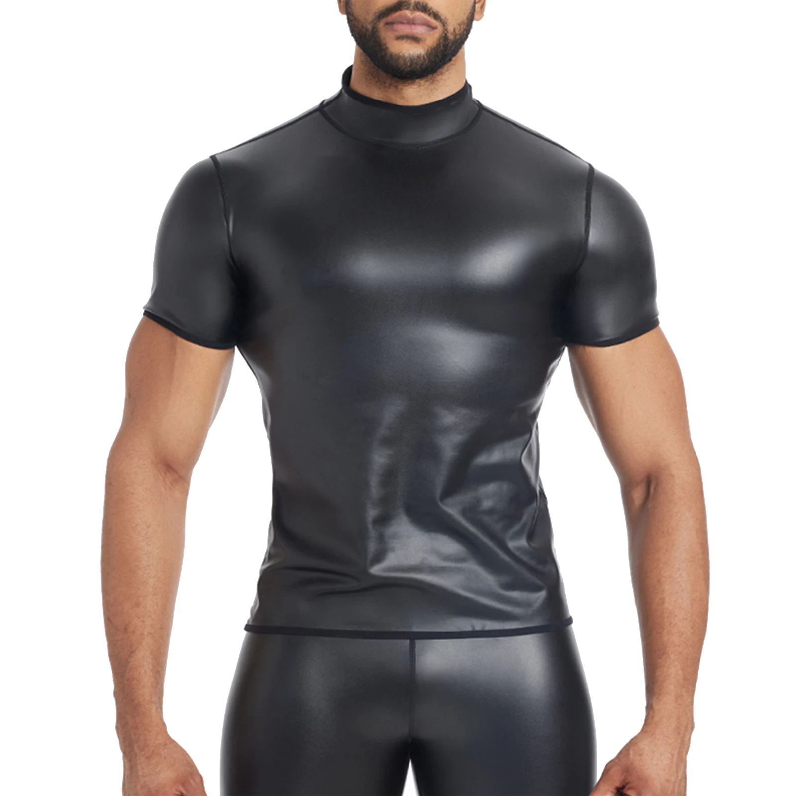 Mens Motorcycle Compression T-shirt Tops PU Leather Long Sleeve Stand Collar Windproof Stretchy Shirt Driving Fitness Clubwear