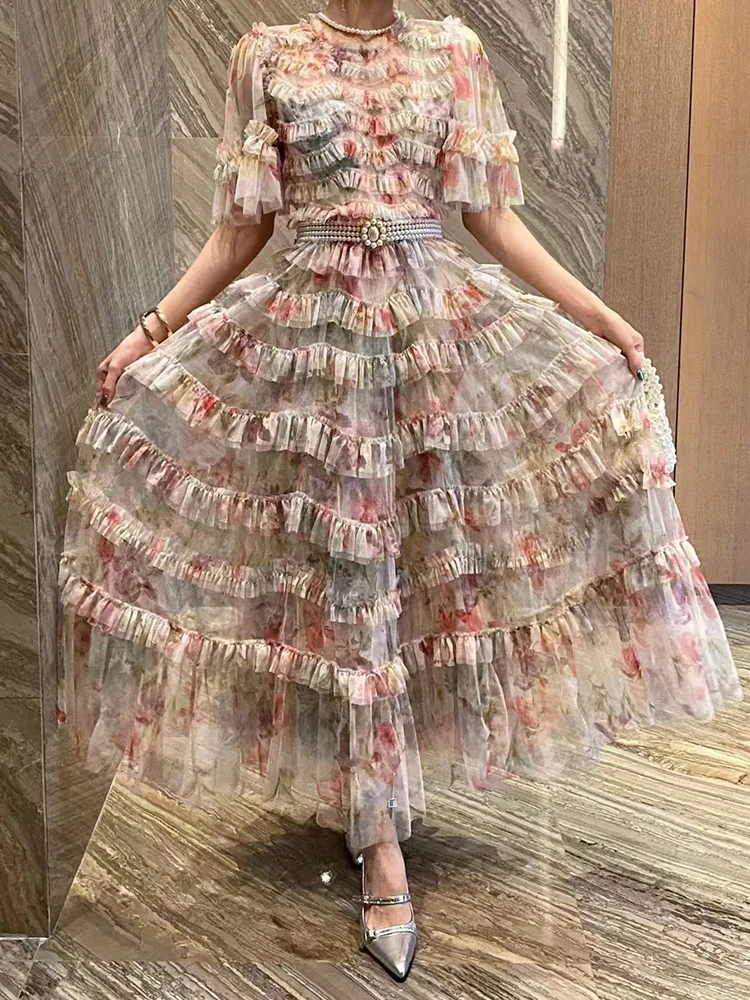 Retro tingimento multi camada cogumelo borda em torno do pescoço cintura vestido de malha 2025 verão vestido feminino moda solta puff saia