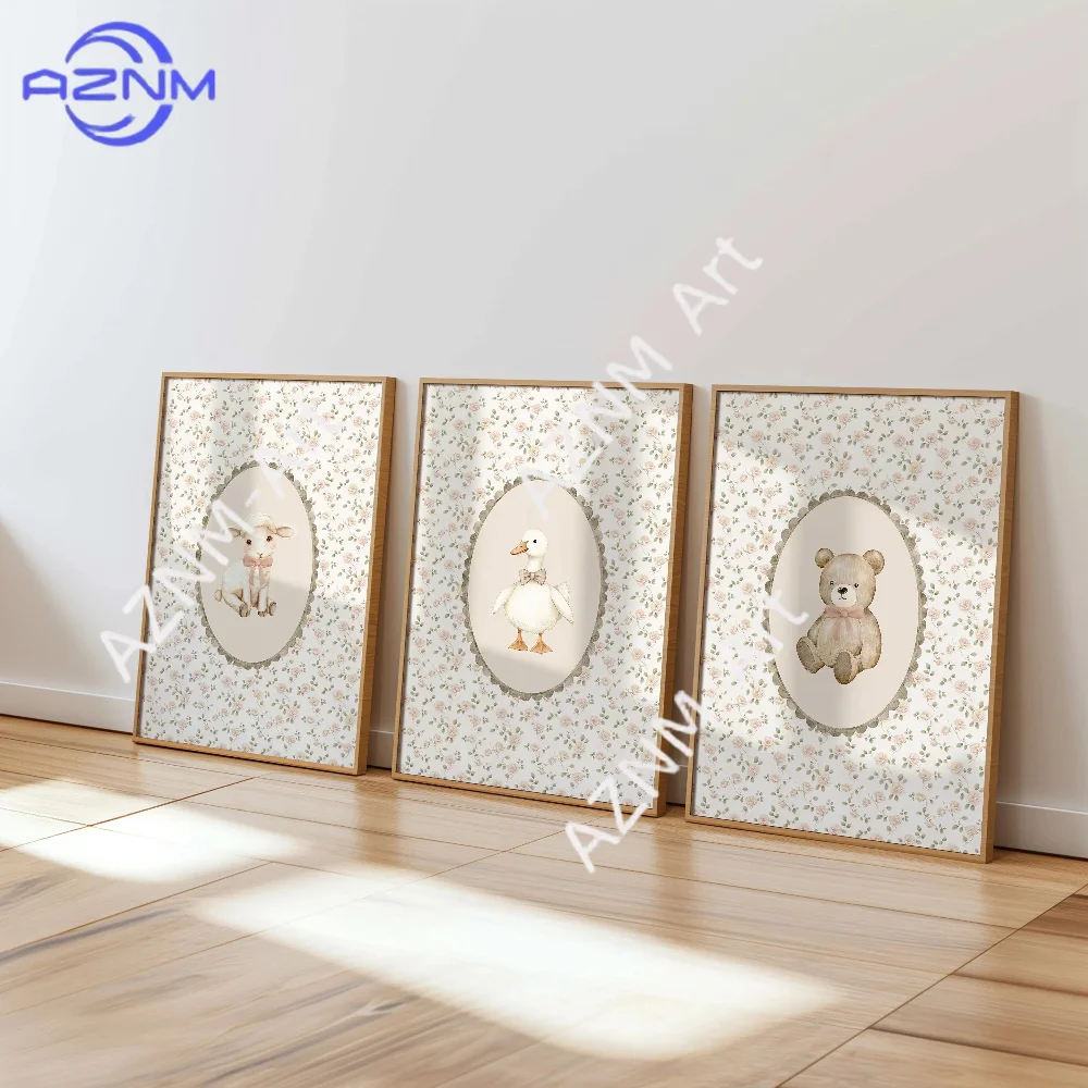 1/3-teilige Wanddekoration für Kinderzimmer mit Lamm, Bär und Gans | Raumdekoration | Niedlicher Blumen-Tierdruck | Sage Green Peachy Pink Vintage Playroom Prints