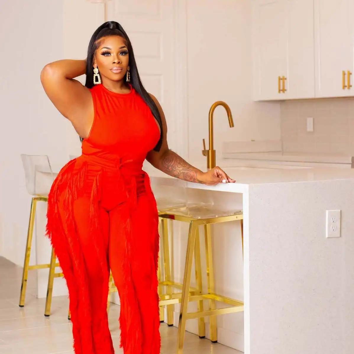 

2026 Color Tassel TwoPiece Set High Waist Straight Leg Pants Long Length Polyester Fabric Original Design Spring Collection