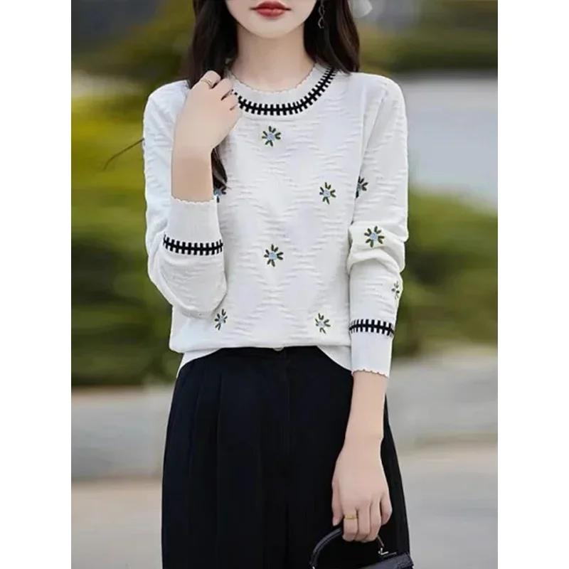 Women Floral O-neck Loose Knitted Pullovers Autumn Winter Commute Elegant Warm Knitwear Tops Soft Comfort Wool Sweaters