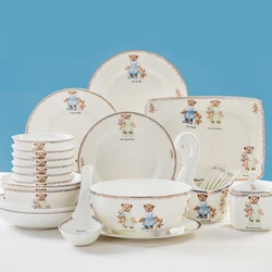 Set da 25 pezzi, set di stoviglie in vera porcellana bone china, pittura simpatico orso, piatto per scaldavivande, contenitori per alimenti da cucina in ceramica servire