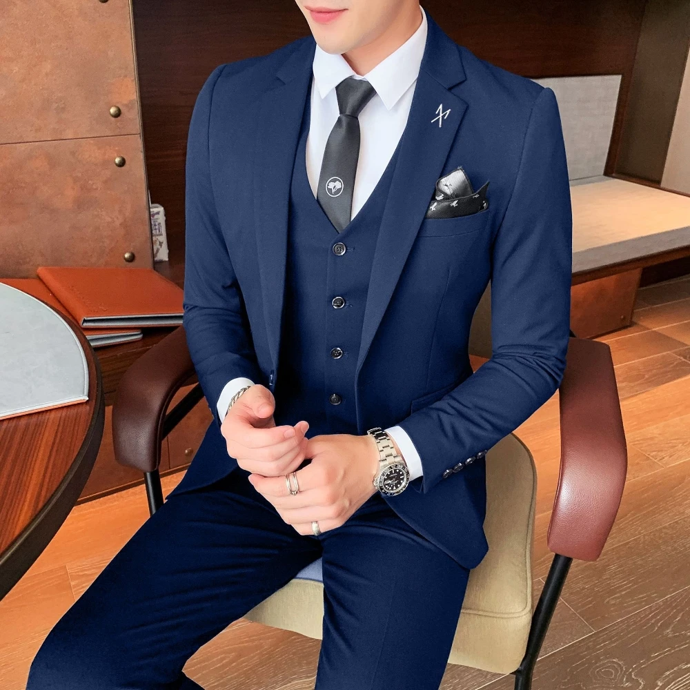 Thin Summer Casual Jacket Pants 2-pieces Suit Set Mature Office Business Tuxedo Stylish Groom Wear Formal Party Outfit For Men