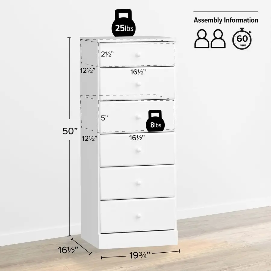 Komoda Astrid Tall White, wymiary: 16,5 cm głębokości x 19,75 cm szerokości x 50 cm wysokości, komoda z 6 szufladami do sypialni od Perfect Chest of Drawers, zapewniająca dużą ilość miejsca do przechowywania.