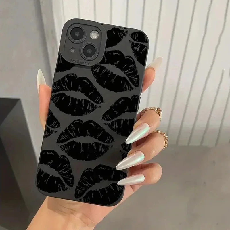 Black Lips Kiss Print Soft Silicone Phone Case for iPhone 16 Pro Max 15 13 12 11 Pro Max 7 8 14 15 Plus SE 2 X XS XR Matte Cover