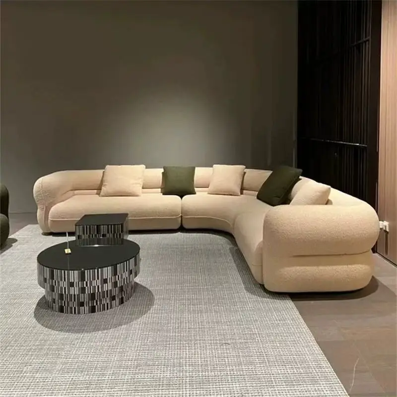 

Special-shaped sofa Cream wind sofa Arc light luxury lamb wool high-end living room small apartment Bobo ball corner sofa