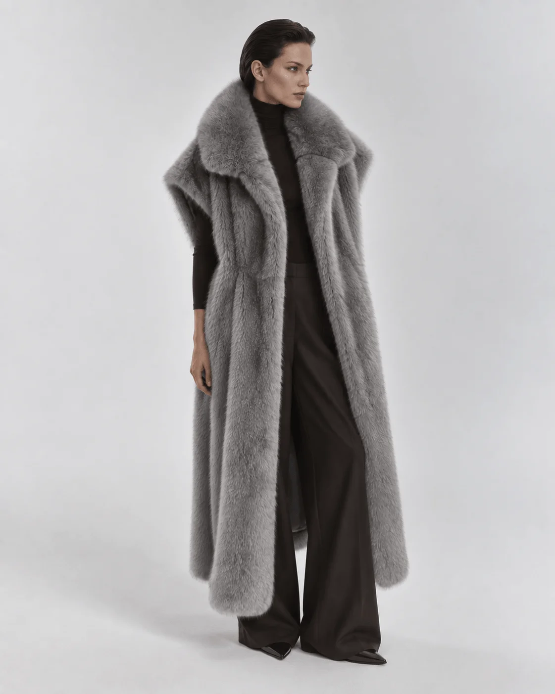 Laur Women Long Faux Fur Vest, Oversized Wide Lapel Sleeveless Gilet, Fluffy Warm Winter Waistcoat Elegant Layering Outerwear