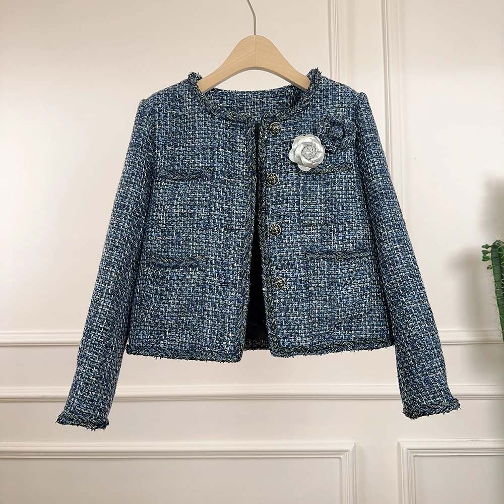 ALPHALMODA 2025 جديد، أزرق وأبيض، سترة قصيرة من التويد، رقبة دائرية، زهرة ثلاثية الأبعاد، مزينة، حافة خام، الجزء العلوي السفلي