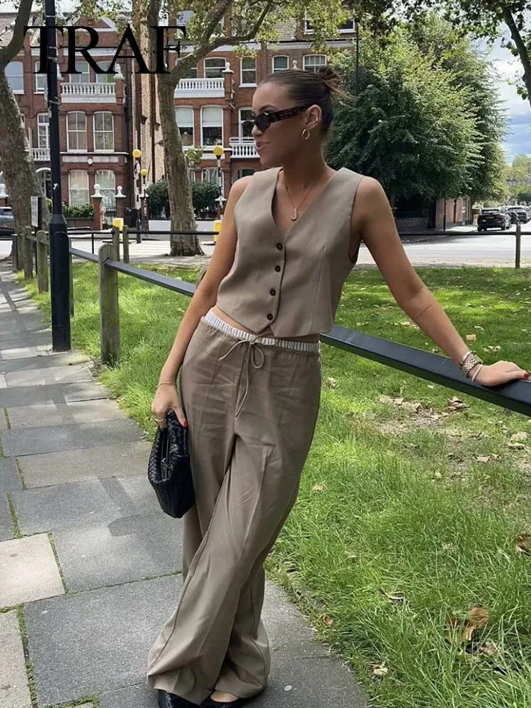 TRAF 2024 Woman\'s Fashion Khaki Pants Sets V-Neck Sleeveless Vest+High Waist Elastic Waist Pockets Drawstring Pants Female Suit