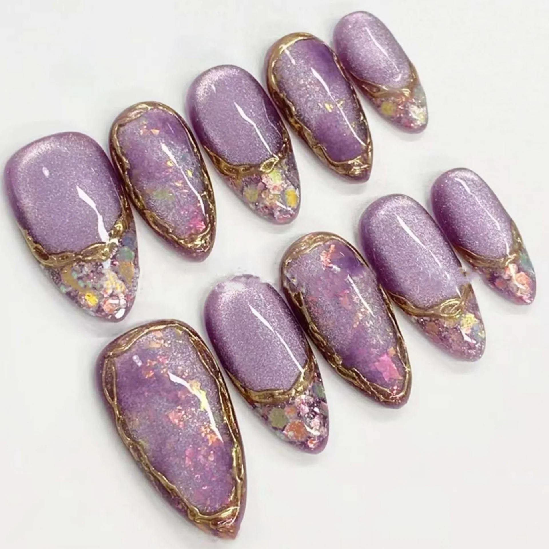 10pcs Finished Almond Handmade Press on Nails Tips Cat's Eye Purple Stick on False Nail with Sequin Design Gradient Fake Nails