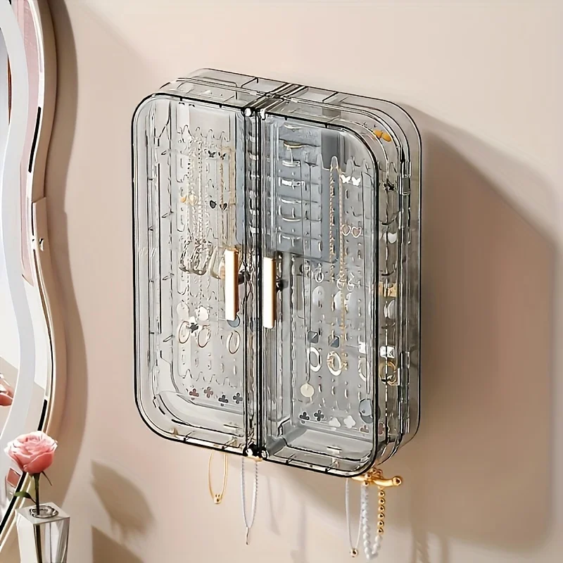 Caja de almacenamiento de joyas de gran capacidad, estante de joyería exquisito de gama alta, montado en la pared, pendientes, collar