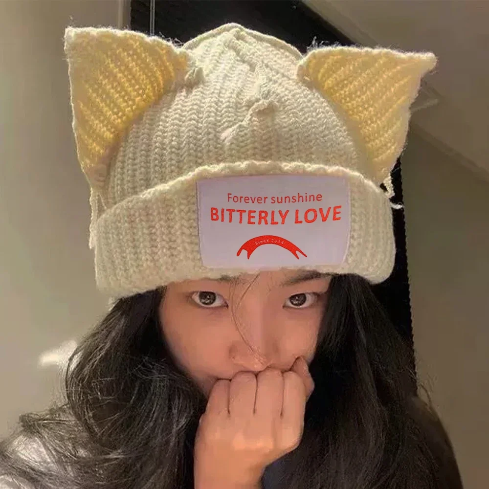 Cat Ears Knitted Wool Hat Love Boy Hat Niche Design Personality Fashion Hat Men Women Cute Warm Autumn and Winter Tide Hats