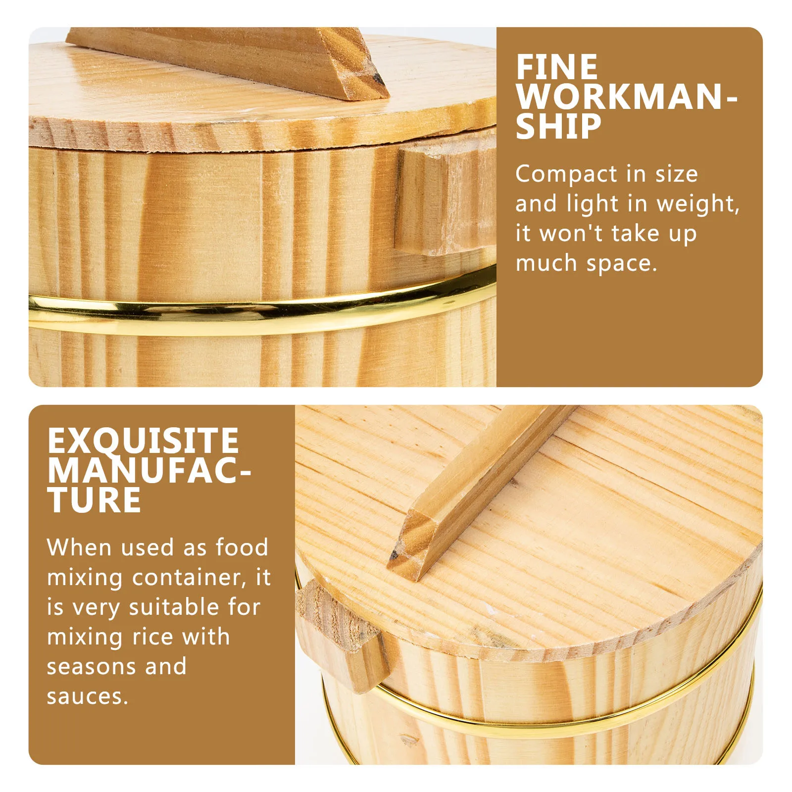 

1Set Wood Sushi Rice Bowl Lidded Mixing Tub Cooked Server Exquisite Smooth Surface Easy Clean Compact Lightweight Simple Design