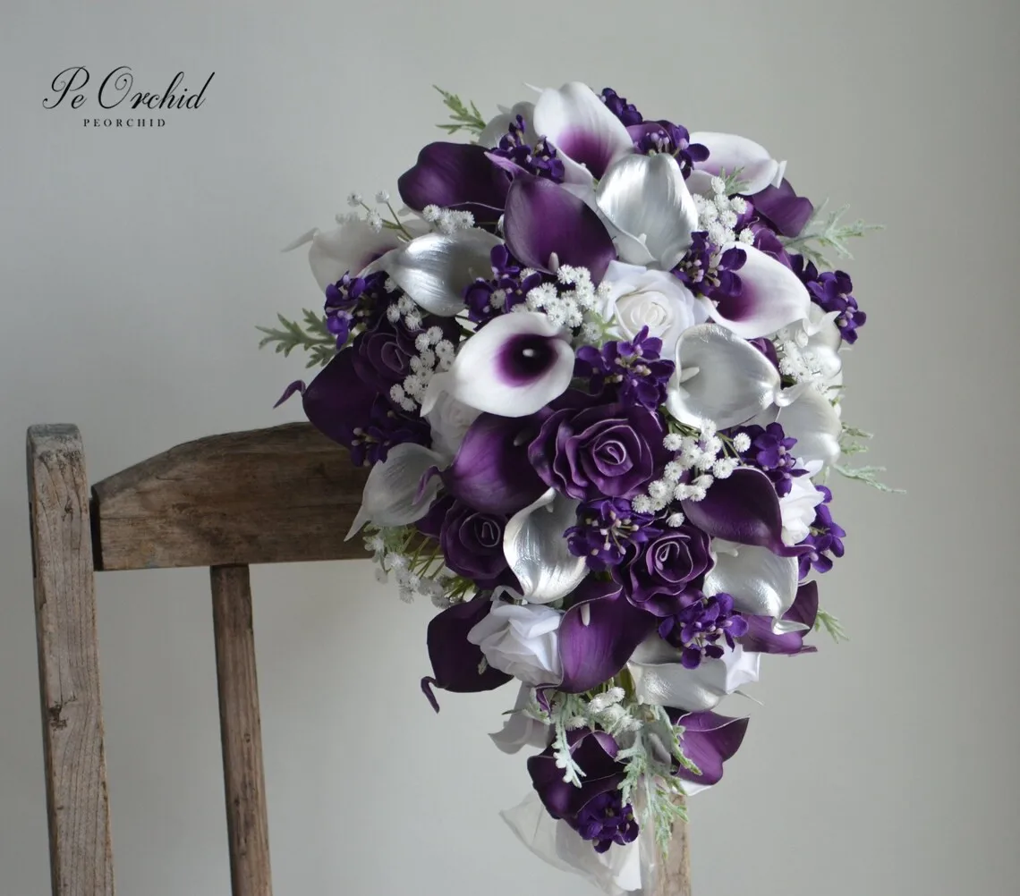 PEORCHID Silver Purple Flower Wedding Cascading Bridal Bouquet Real Touch Calla Lily Rose Bruidsboeket Waterval Handmade Bouquet