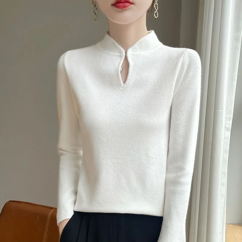 Chinesischen Stil Stehkragen Wolle Gestrickte Bodenbildung frauen Herbst und Winter Innere Tragen Design Pullover Schlanke Glocke Ärmeln