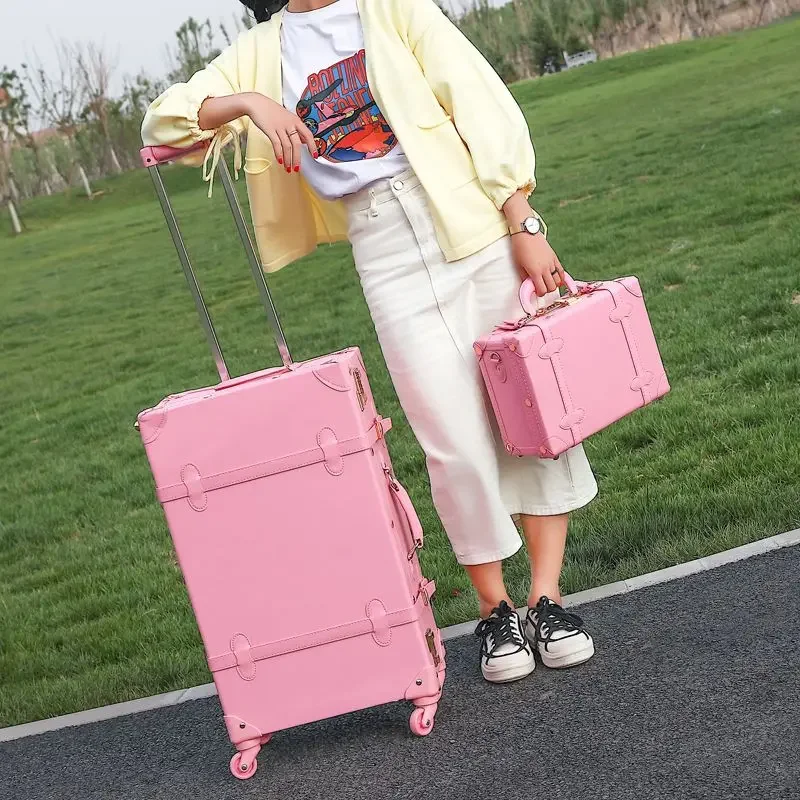 Mala de couro retrô pu de 22/24 polegadas, 2 peças, conjunto de bagagem de viagem feminina, carrinho de 20 polegadas, bagagem de mão, rosa, capa de cabine para meninas