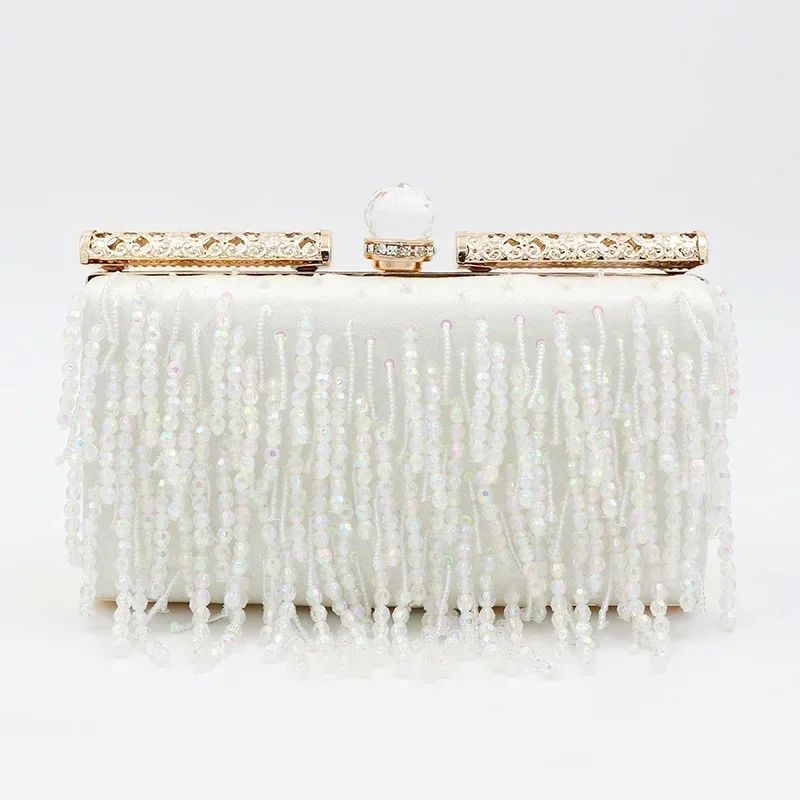 Beading White Wedding Clutch Bags for Women Luxury Diamond-studded Evening Purse Fashion Tassels Sequined Formal Handbags