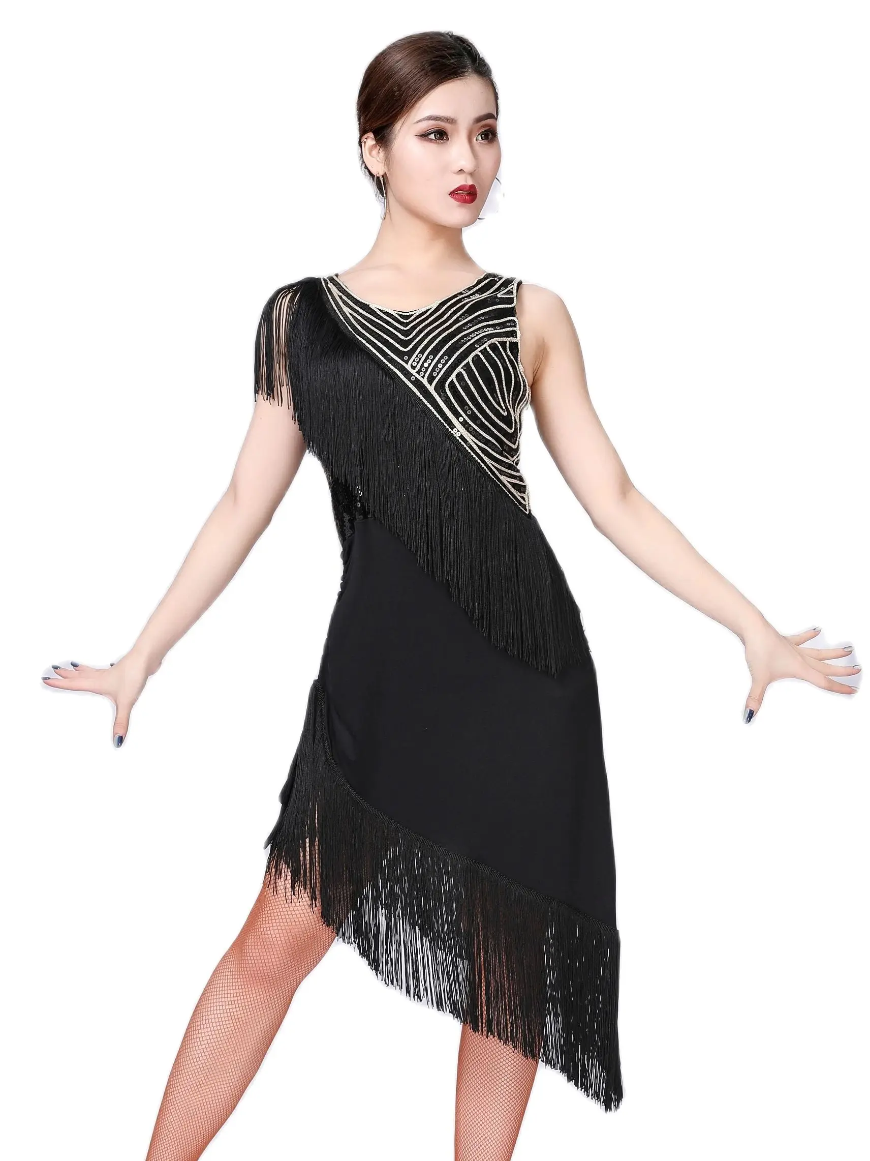 

Women Sexy Sequin Fringe Dress V-Neck Sleeveless Ballroom Cha Cha Party Tassel Dress Sequined High Low Hem Bodycon Dance Dress