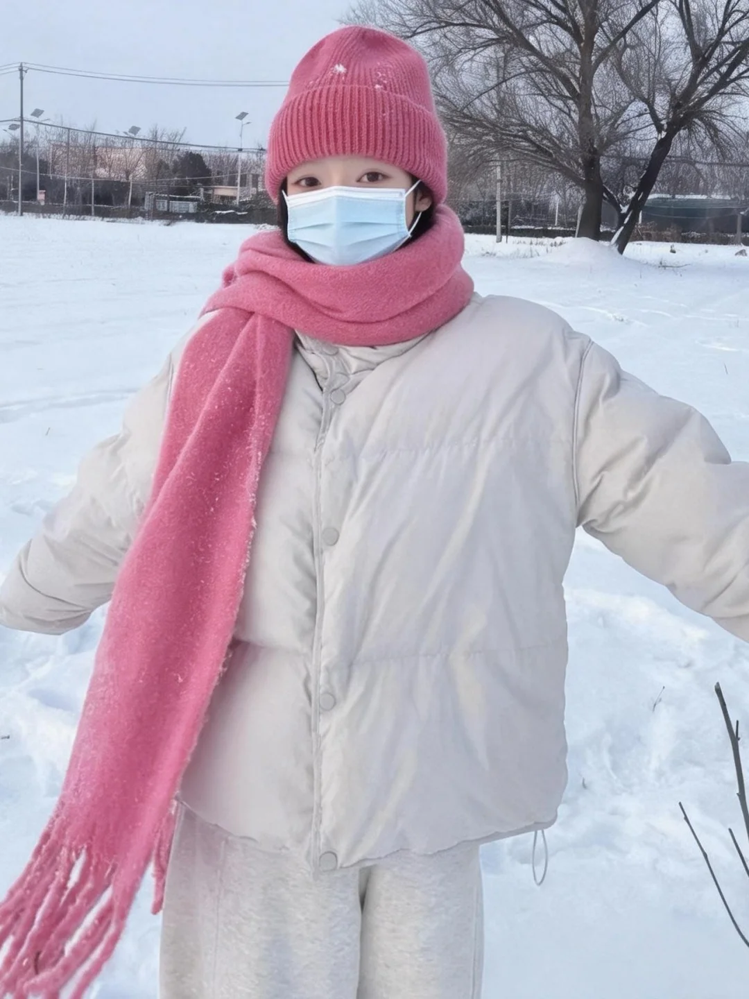 ピンクのドプネスカーフ帽子セット女性用冬用暖色多用途高級感ネウォーマー韓国製タッセル