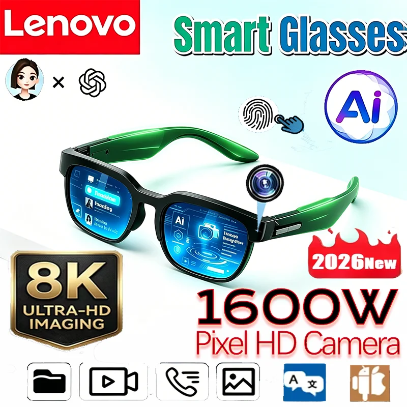

Lenovo AI Smart Glasses Translation Bluetooth Conversation Recording Listening To Music Smart Women Men 8K 2026New Sunglasses
