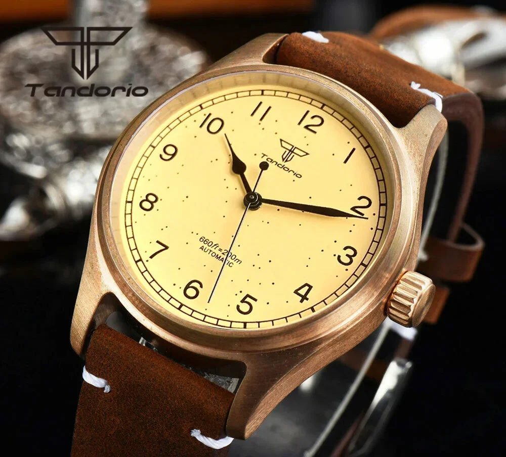 

Tandorio Cusn8 Real Bronze 39mm Pilot 20bar Automatic Men Watch Yellow Dial NH35A PT5000 AR Sapphire Crystal Steel Wristwatch