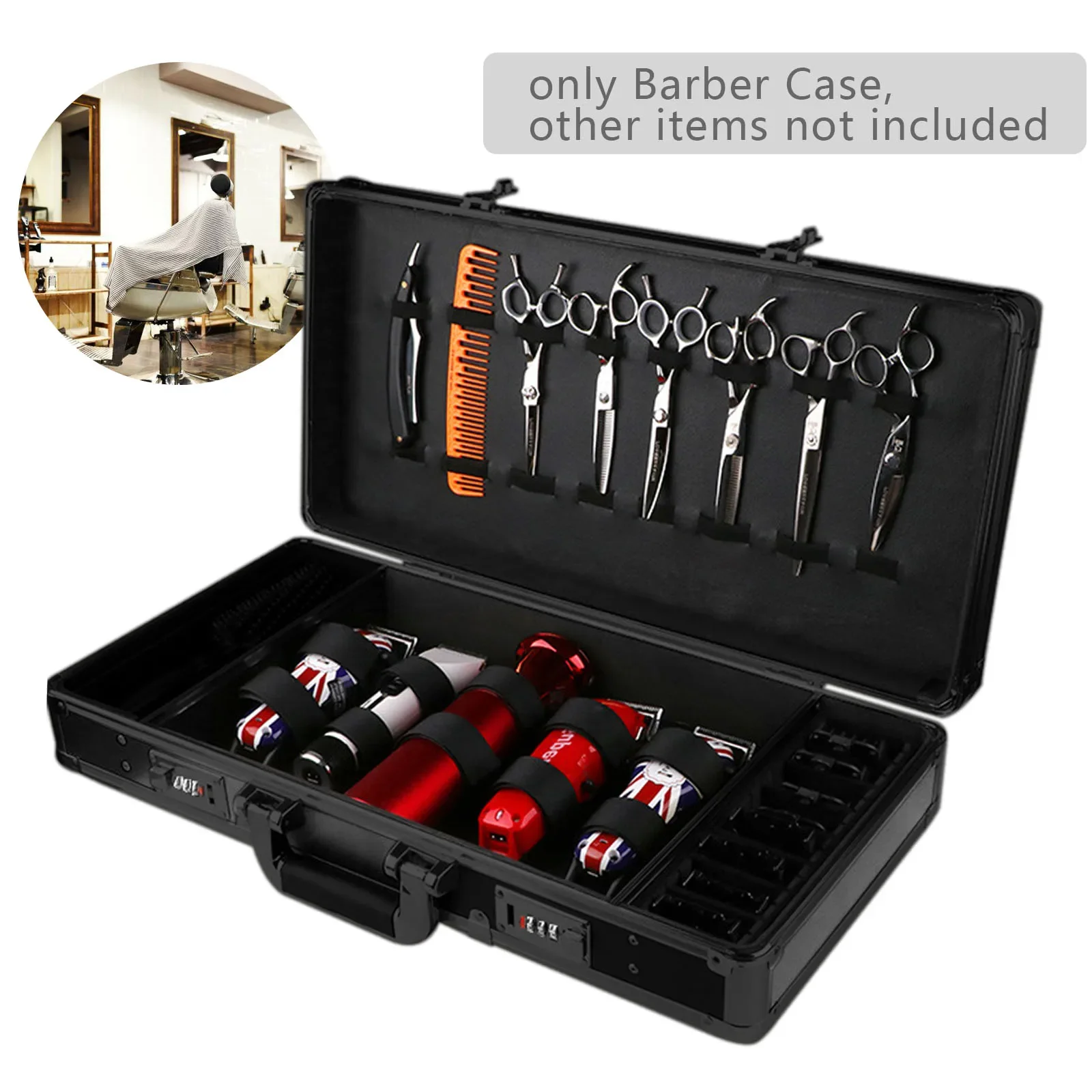 Reise-Stylist, Friseur-Werkzeugkasten, Organizer-Box, Clipper, Trimmer, Scherklinge, kompakter Friseurkoffer mit Aluminiumrahmen – Detail 2