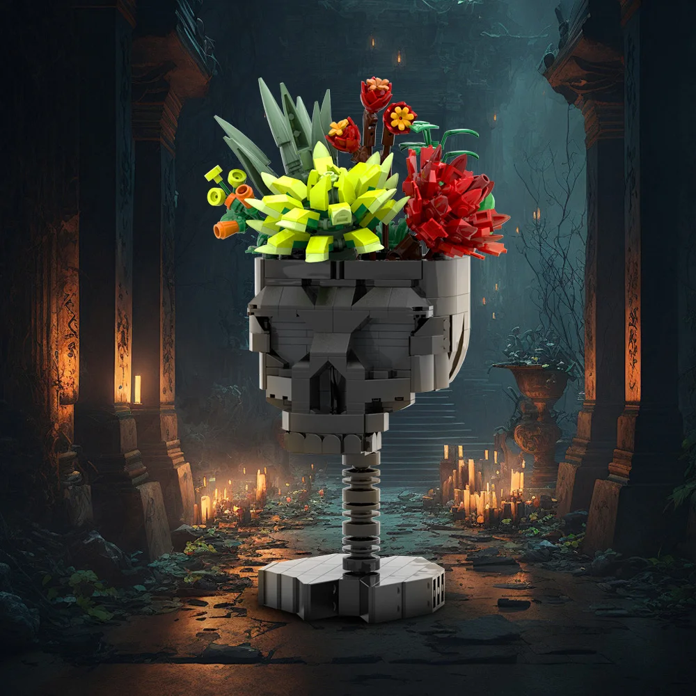 

Gobricks MOC Skull Flower Ornaments Bricks Gothic Blacks Skull Flowers Plant Pot Decorate Building Blocks Model Assembly Toys