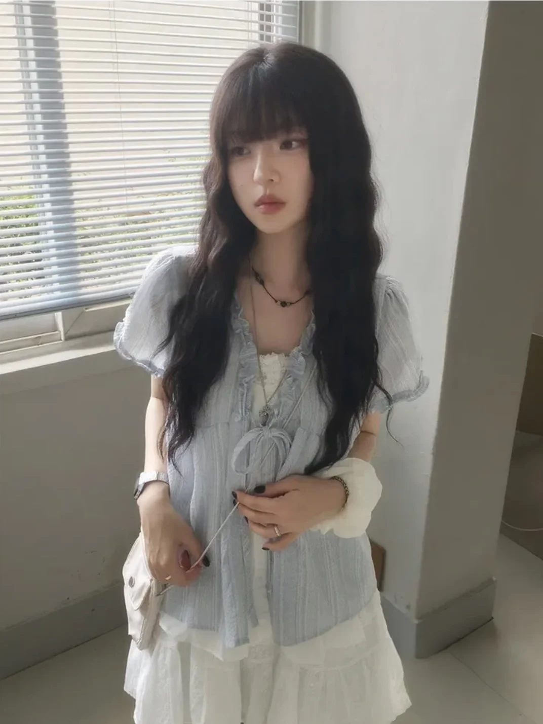 

Sweet Summer Korean Sle Bubble Sve irt со складками, свободный крой ort Sve V-Ne, женский топ на пуговицах